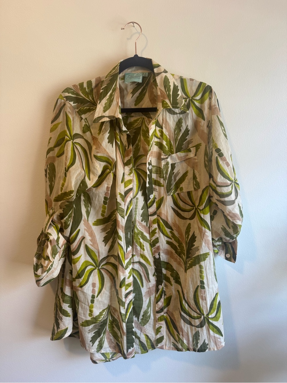 Lightweight Green Palm-Print Button-Down Shirt